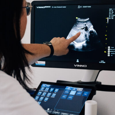 Praxisfotos Dr. E. Seidel - Juli 2026-138 Ein Arzt zeigt auf einen Monitor mit einer Ultraschallaufnahme eines Patienten